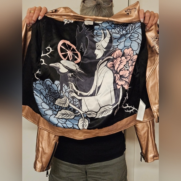 DISNEY Maleficent Sleeping Beauty rose gold faux leather jacket Med.see photos - Picture 2 of 16
